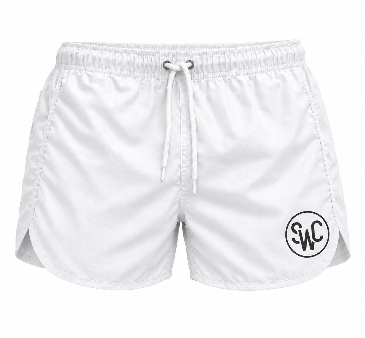 Riviera Retro zwemshort Cool White, wit vooraanzicht met SWC-logo en wit trekkoord