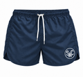 Riviera Retro zwemshort Midnight Blue, donkerblauw vooraanzicht met SWC-logo en wit trekkoord