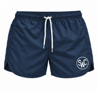 Riviera Retro zwemshort Midnight Blue, donkerblauw vooraanzicht met SWC-logo en wit trekkoord