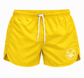 Riviera Retro zwemshort Sunbeam Yellow, geel vooraanzicht met SWC-logo en wit trekkoord